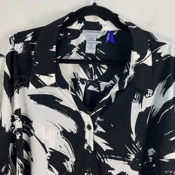 Catherines Womens Plus 3XWP Black White Button Up Shirt Short Sleeve Top Blosue - Picture 2 of 8